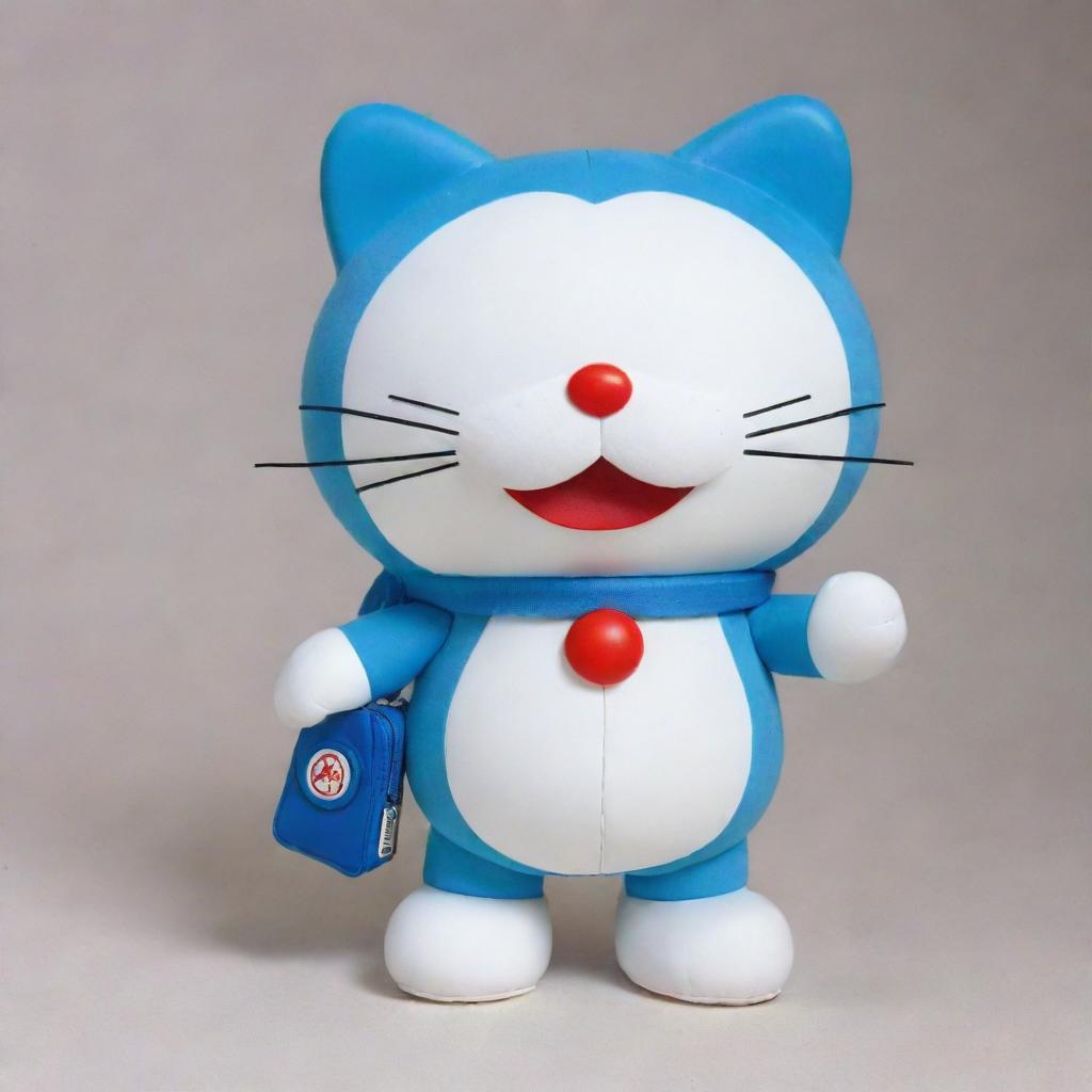 Doraemon, a cute robotic cat from a popular Japanese Manga, with his iconic blue color, red nose, pouch and 4D gadget pocket.