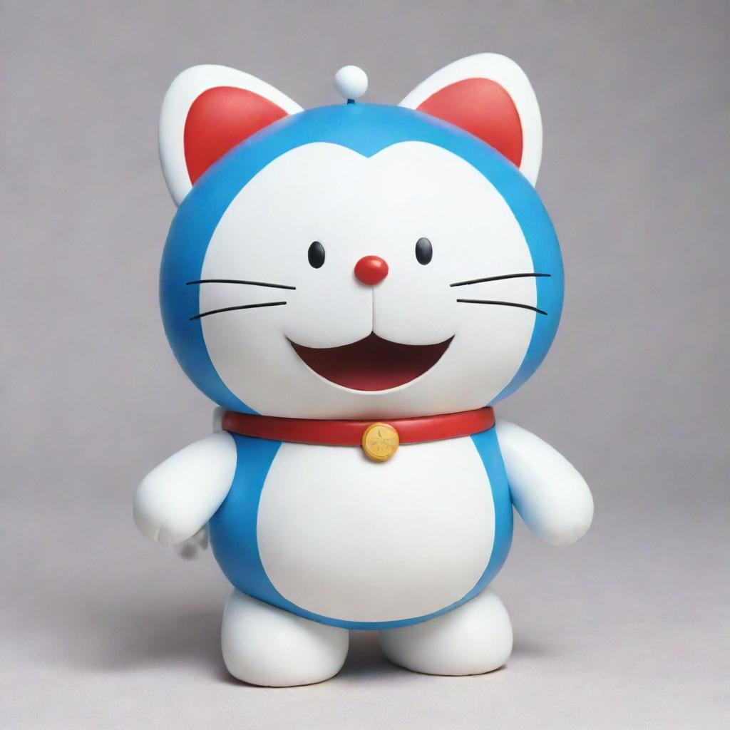 Doraemon, a cute robotic cat from a popular Japanese Manga, with his iconic blue color, red nose, pouch and 4D gadget pocket.