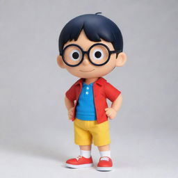 Nobita Nobi, a short and slender boy from the popular Japanese Manga, Doraemon, with his characteristic glasses, round face, and attire consisting of a red or yellow polo shirt and navy blue shorts.