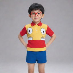 Nobita Nobi, a short and slender boy from the popular Japanese Manga, Doraemon, with his characteristic glasses, round face, and attire consisting of a red or yellow polo shirt and navy blue shorts.