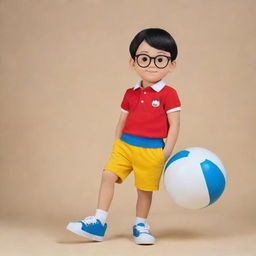 Nobita Nobi, a short and slender boy from the popular Japanese Manga, Doraemon, with his characteristic glasses, round face, and attire consisting of a red or yellow polo shirt and navy blue shorts.