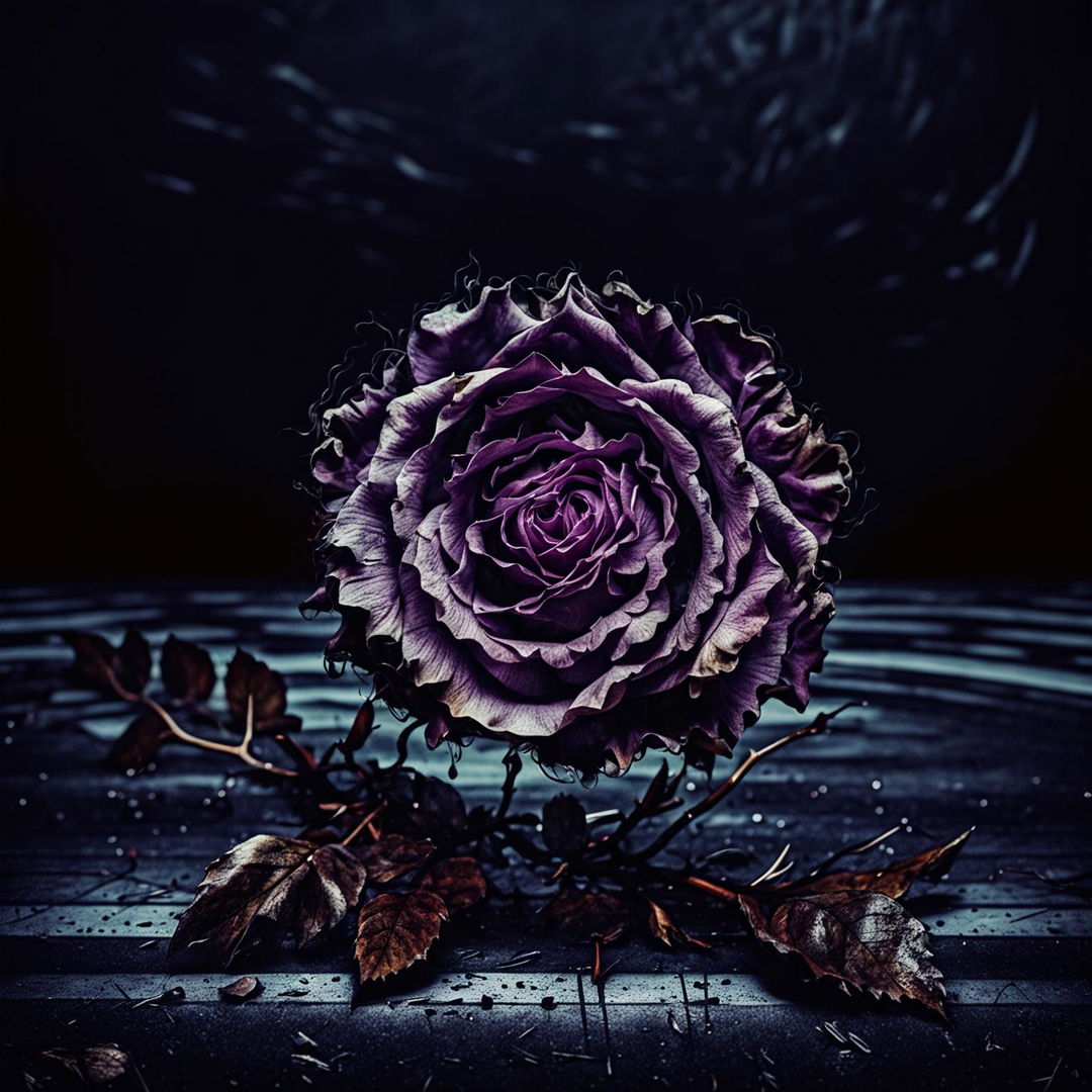 A dying purple Romanian national flower (dog rose) on the ground with a dark, abstract background featuring deep shadows and muted tones to create a somber and mysterious atmosphere