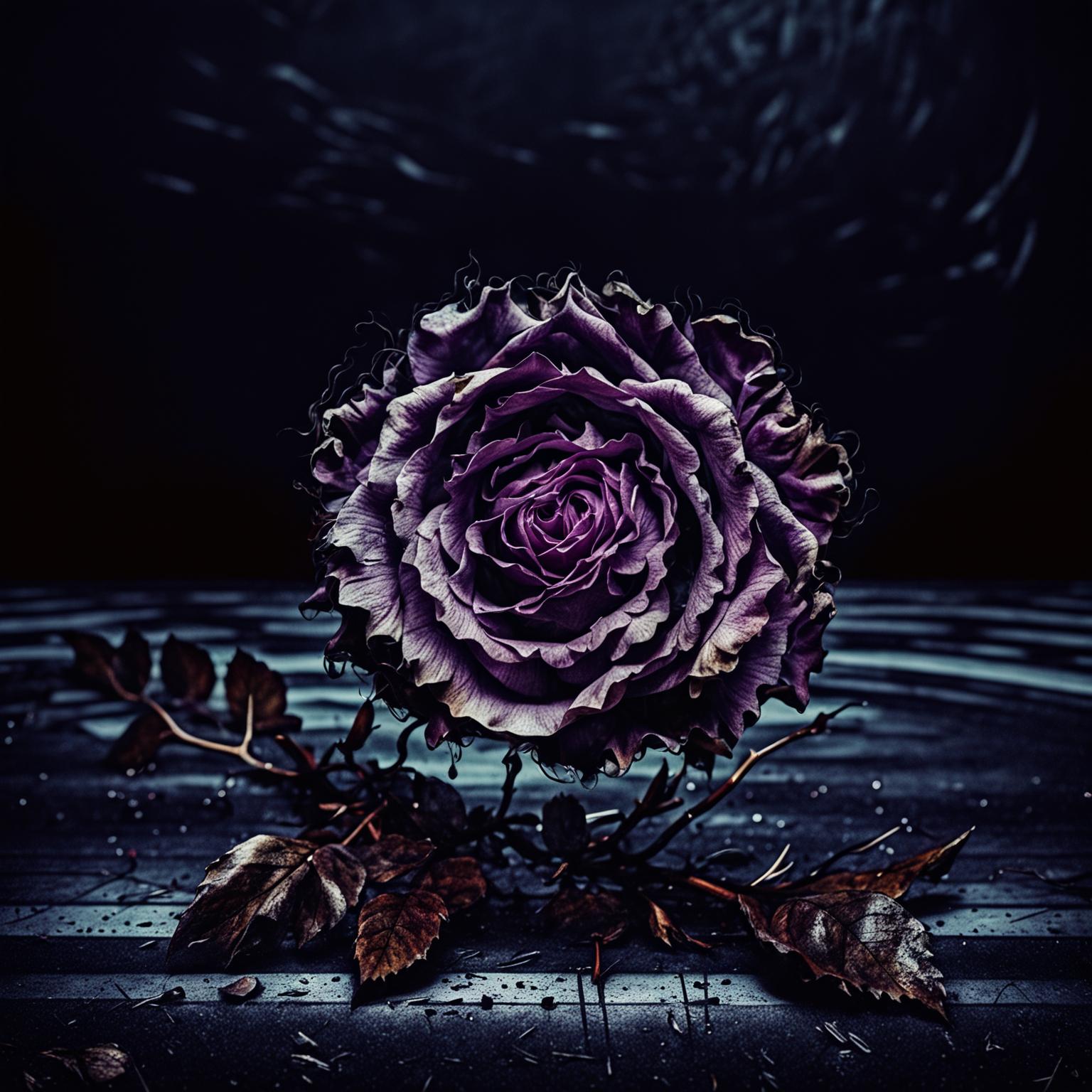 A dying purple Romanian national flower (dog rose) on the ground with a dark, abstract background featuring deep shadows and muted tones to create a somber and mysterious atmosphere