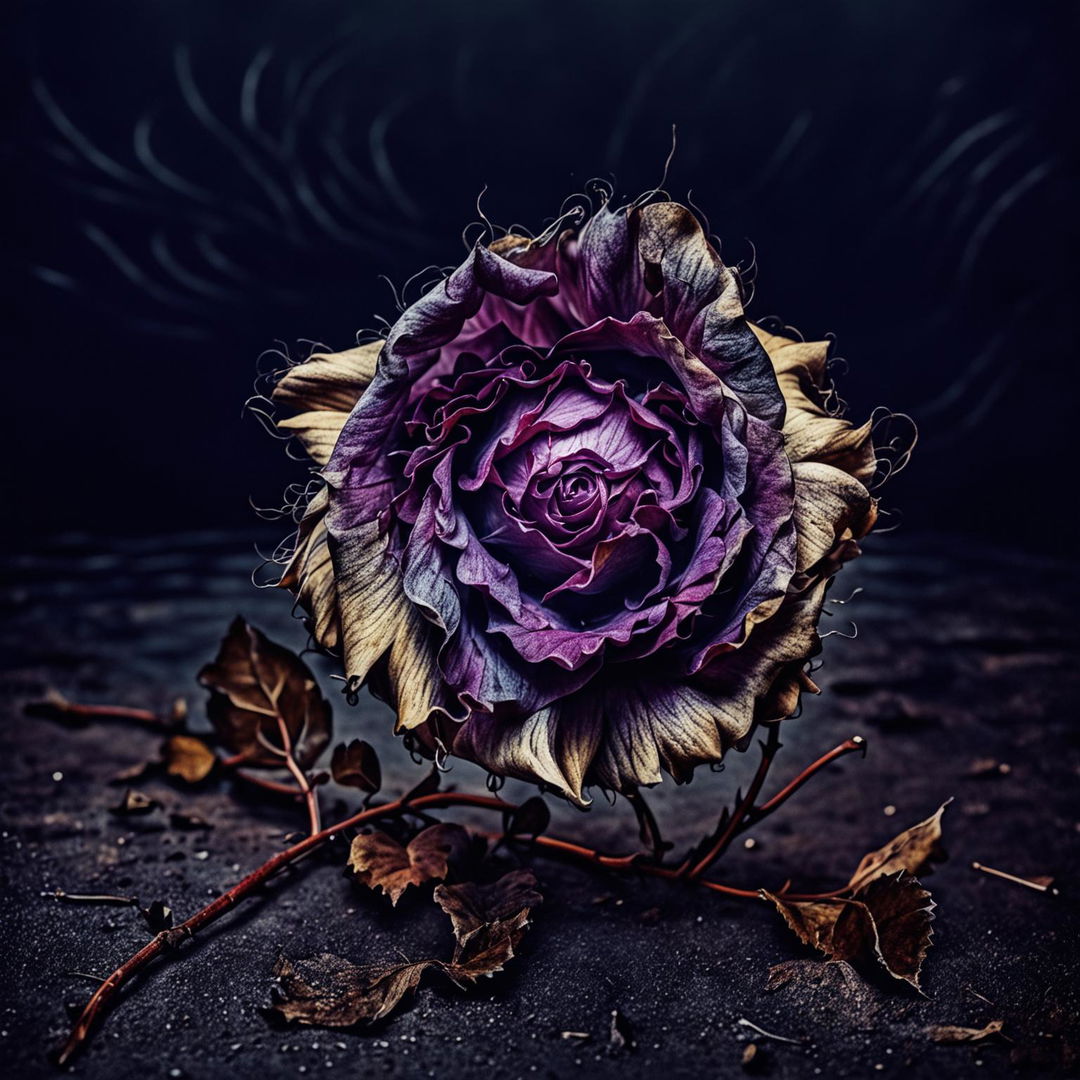 A dying purple Romanian national flower (dog rose) on the ground with a dark, abstract background featuring deep shadows and muted tones to create a somber and mysterious atmosphere