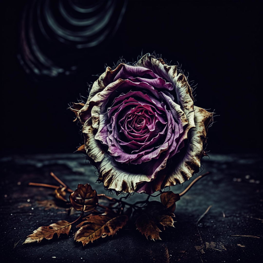 A dying purple Romanian national flower (dog rose) on the ground with a dark, abstract background featuring deep shadows and muted tones to create a somber and mysterious atmosphere