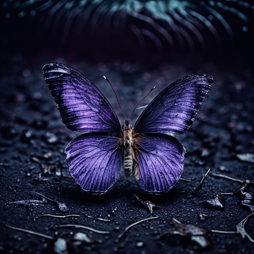 A purple butterfly with torn wings on the ground, set against a dark abstract background with deep shadows and muted tones to create a mysterious and melancholic atmosphere