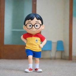 Nobita Nobi, a short and slender boy from the popular Japanese Manga, Doraemon, with his characteristic glasses, round face, and attire consisting of a red or yellow polo shirt and navy blue shorts.