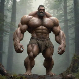 A towering, mythical giant with massive, muscular build, dressed in rugged clothing, with a stern expression on its face as it stands amidst a dense forest.