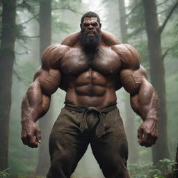 A towering, mythical giant with massive, muscular build, dressed in rugged clothing, with a stern expression on its face as it stands amidst a dense forest.