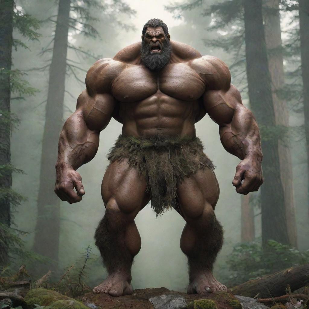 A towering, mythical giant with massive, muscular build, dressed in rugged clothing, with a stern expression on its face as it stands amidst a dense forest.