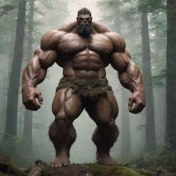 A towering, mythical giant with massive, muscular build, dressed in rugged clothing, with a stern expression on its face as it stands amidst a dense forest.