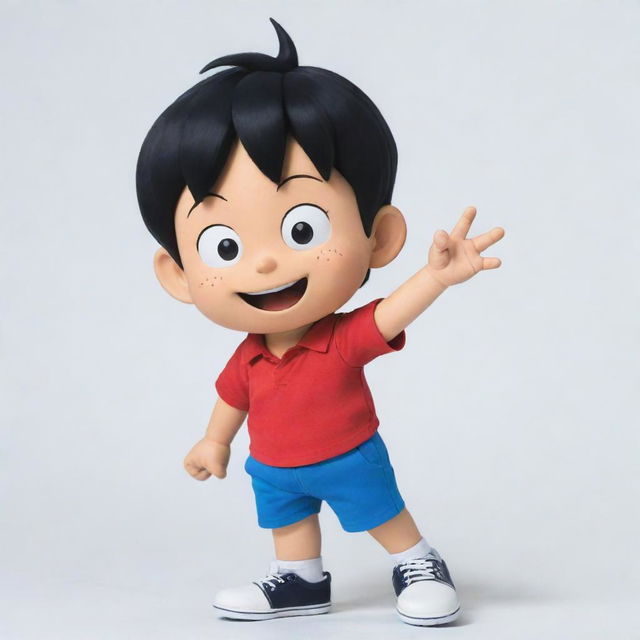 Suneo Honekawa from the popular Japanese Manga, Doraemon, known for his distinctive hairstyle with an upward swirl, and his fox-like cunning expression, wearing his usual red shirt and blue shorts.