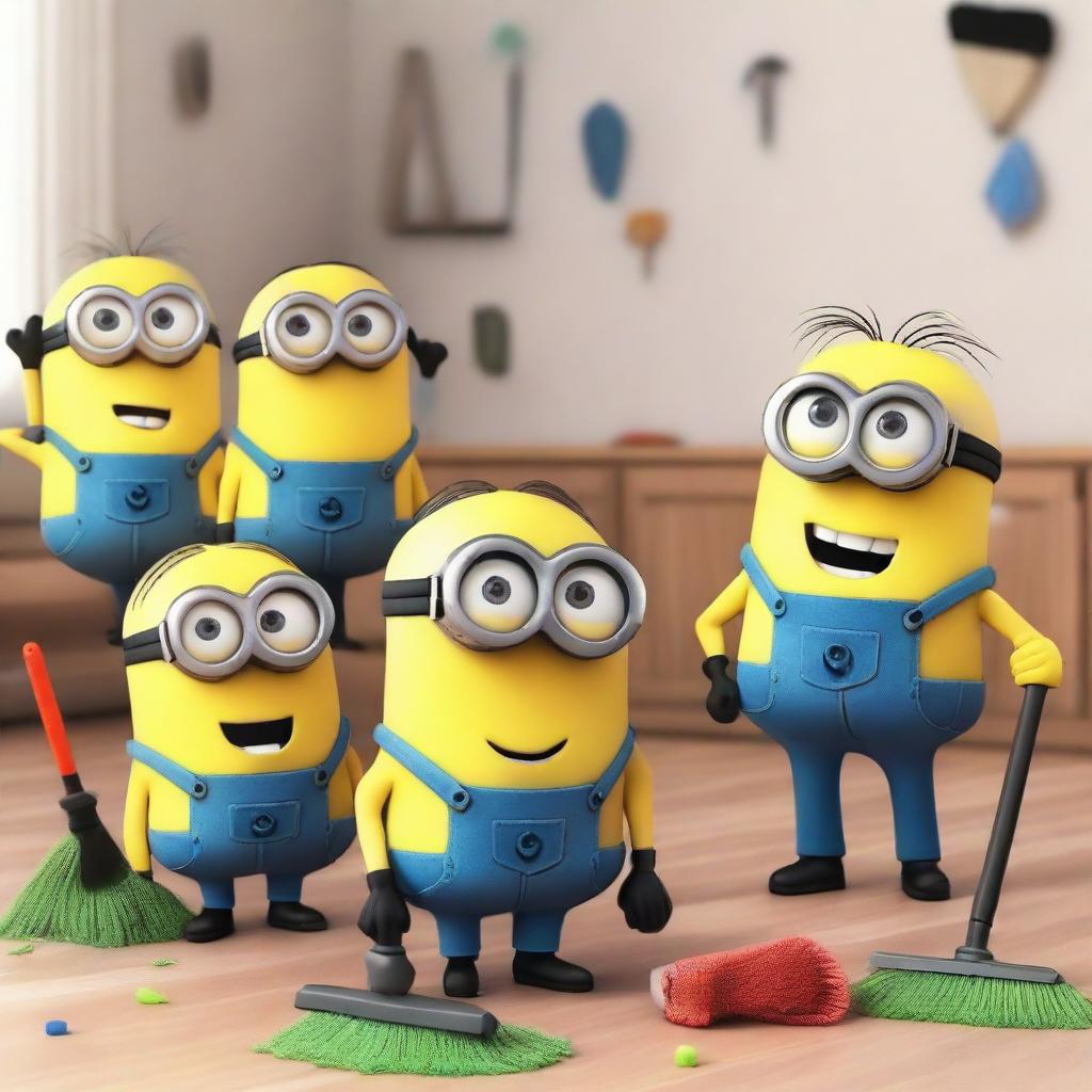 A group of cheerful Minions are cleaning a messy room with various cleaning tools like brooms, mops, and dusters