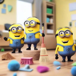 A group of cheerful Minions are cleaning a messy room with various cleaning tools like brooms, mops, and dusters