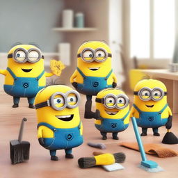 A group of cheerful Minions are cleaning a messy room with various cleaning tools like brooms, mops, and dusters