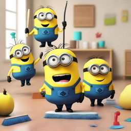 A group of cheerful Minions are cleaning a messy room with various cleaning tools like brooms, mops, and dusters