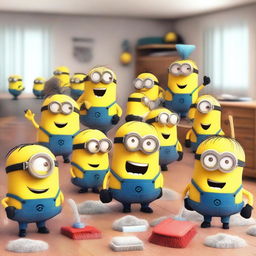 A large group of 50 cheerful Minions are cleaning a messy room with various cleaning tools like brooms, mops, and dusters