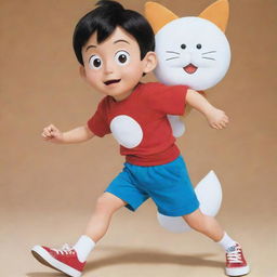 Suneo Honekawa from the popular Japanese Manga, Doraemon, known for his distinctive hairstyle with an upward swirl, and his fox-like cunning expression, wearing his usual red shirt and blue shorts.