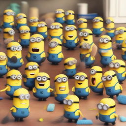 A large group of 50 cheerful Minions are cleaning a messy room with various cleaning tools like brooms, mops, and dusters