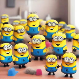 A large group of 50 cheerful Minions are cleaning a messy room with various cleaning tools like brooms, mops, and dusters