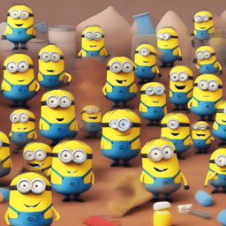 A large group of 50 cheerful Minions are cleaning a messy room with various cleaning tools like brooms, mops, and dusters