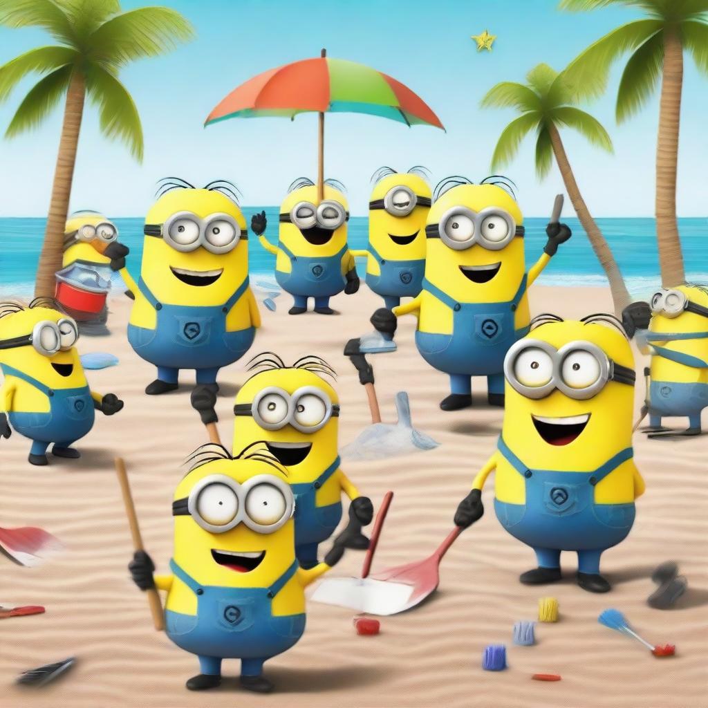 A large group of 50 cheerful Minions are cleaning a sandy beach with various tools like rakes, trash bags, and shovels