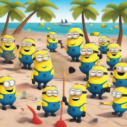 A large group of 50 cheerful Minions are cleaning a sandy beach with various tools like rakes, trash bags, and shovels