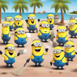 A large group of 50 cheerful Minions are cleaning a sandy beach with various tools like rakes, trash bags, and shovels