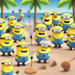 A large group of 50 cheerful Minions are cleaning a sandy beach with various tools like rakes, trash bags, and shovels