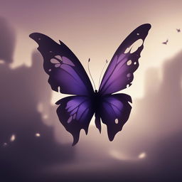 An animated-style image of a dying purple butterfly with ripped and broken wings, set against a dark background with deep shadows and muted tones to create a somber and melancholic atmosphere