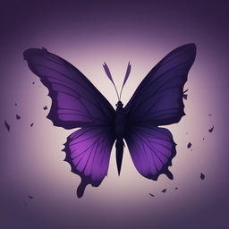 An animated-style image of a dying purple butterfly with ripped and broken wings, set against a dark background with deep shadows and muted tones to create a somber and melancholic atmosphere