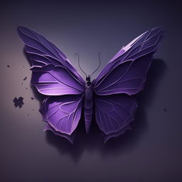 An animated-style image of a dying purple butterfly with ripped and broken wings, set against a dark background with deep shadows and muted tones to create a somber and melancholic atmosphere