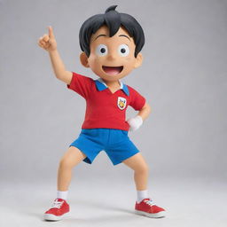 Suneo Honekawa from the popular Japanese Manga, Doraemon, known for his distinctive hairstyle with an upward swirl, and his fox-like cunning expression, wearing his usual red shirt and blue shorts.