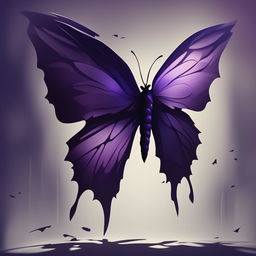 An animated-style image of a dying purple butterfly with ripped and broken wings, set against a dark background with deep shadows and muted tones to create a somber and melancholic atmosphere