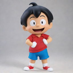 Suneo Honekawa from the popular Japanese Manga, Doraemon, known for his distinctive hairstyle with an upward swirl, and his fox-like cunning expression, wearing his usual red shirt and blue shorts.