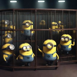 A group of people are locking up Minions in cages