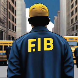 A detailed view of the back of an FBI agent