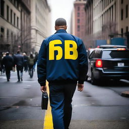 A full-body view of the back of an FBI agent