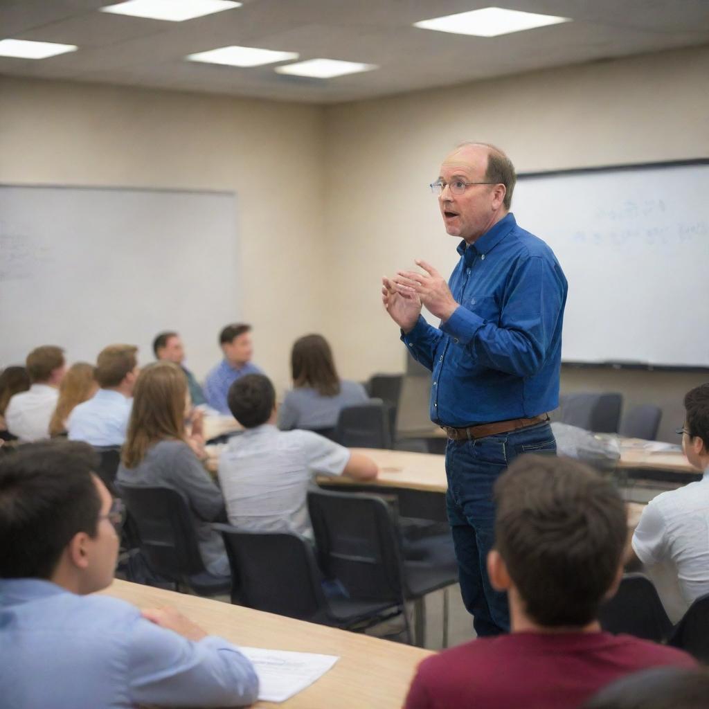 A knowledgeable expert passionately lecturing about advanced topics in electrical engineering and architecture in a state of the art classroom environment.