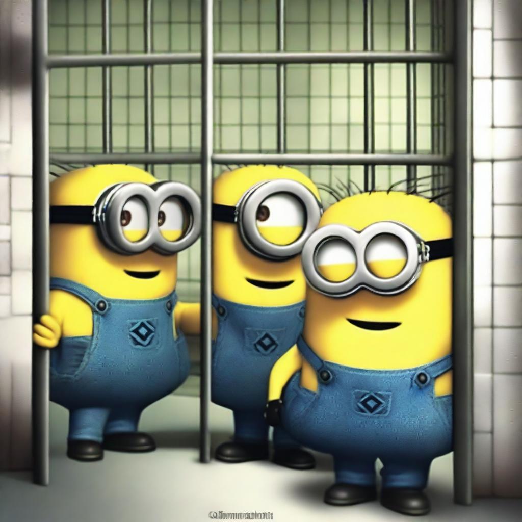 A group of Minions are talking animatedly inside a jail cell