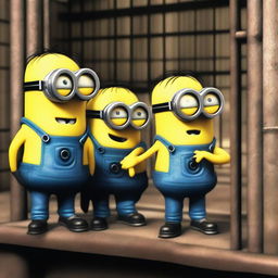 A group of Minions are talking animatedly inside a jail cell