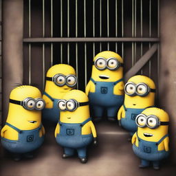 A group of Minions are talking animatedly inside a jail cell