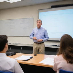 A knowledgeable expert passionately lecturing about advanced topics in electrical engineering and architecture in a state of the art classroom environment.