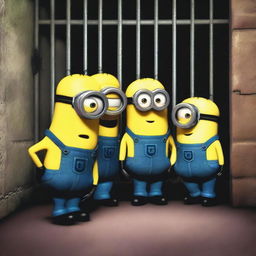 A group of Minions are talking animatedly inside a jail cell