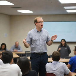 A knowledgeable expert passionately lecturing about advanced topics in electrical engineering and architecture in a state of the art classroom environment.