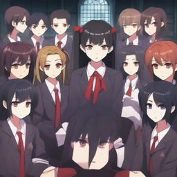 A scene featuring one demon student girl in the center, surrounded by vampire students