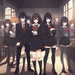 A scene featuring one demon student girl in the center, surrounded by vampire students