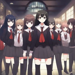 A scene featuring one demon student girl in the center, surrounded by vampire students