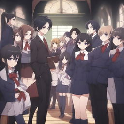 A scene featuring one demon student girl in the center, surrounded by vampire students