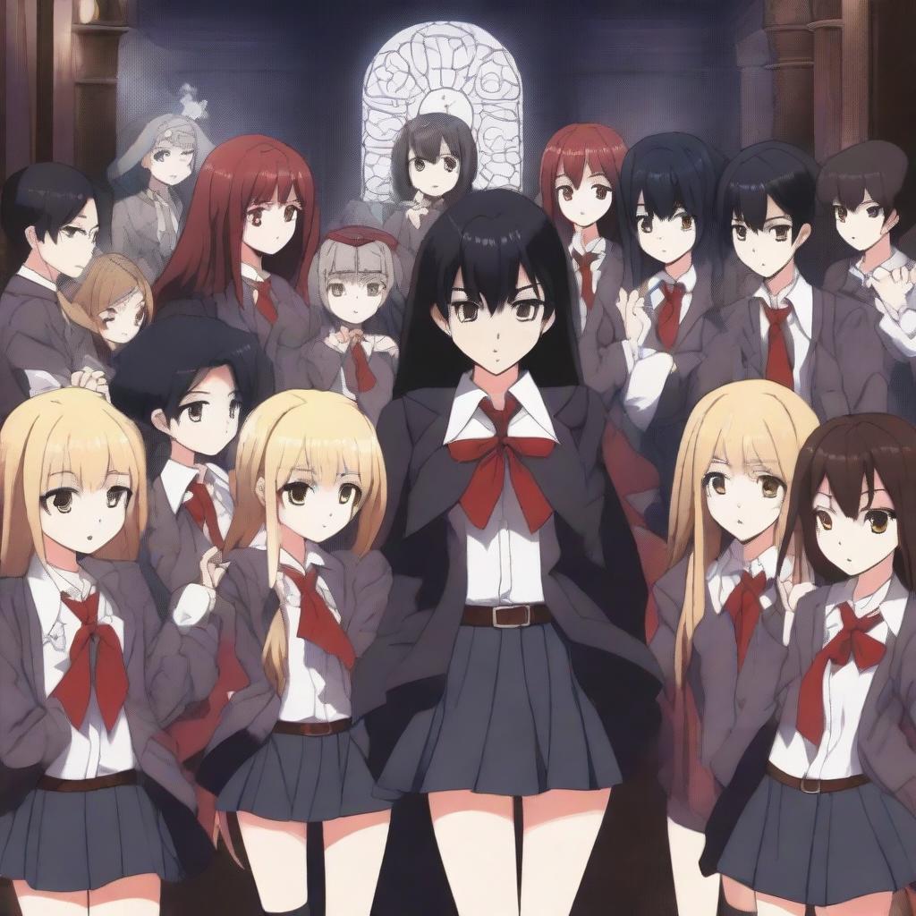 A scene featuring one demon student girl in the center, surrounded by vampire students